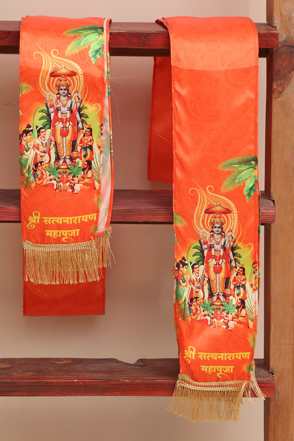 LUXURION WORLD Blessings Stole/Patka – Satyanarayan Pooja Stoles || Satin Silk Cloth Print Unisex God Printed Scarf for Spiritual Wear ( With Handcrafted Lace ) - Luxurion World
