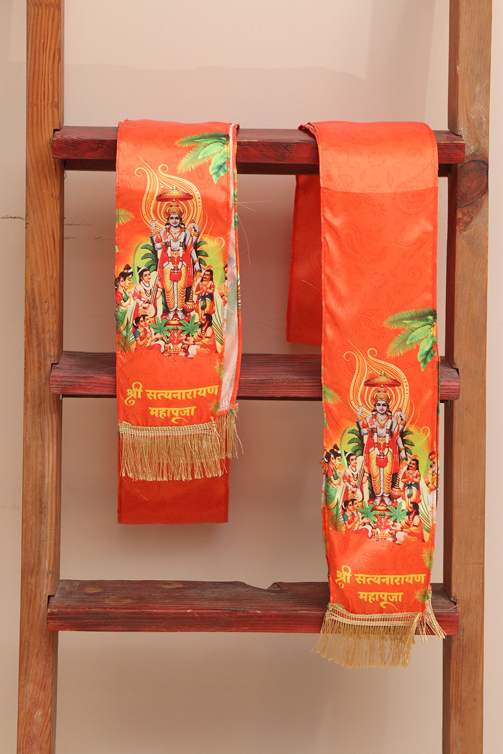 LUXURION WORLD Blessings Stole/Patka – Satyanarayan Pooja Stoles || Satin Silk Cloth Print Unisex God Printed Scarf for Spiritual Wear ( With Handcrafted Lace ) - Luxurion World