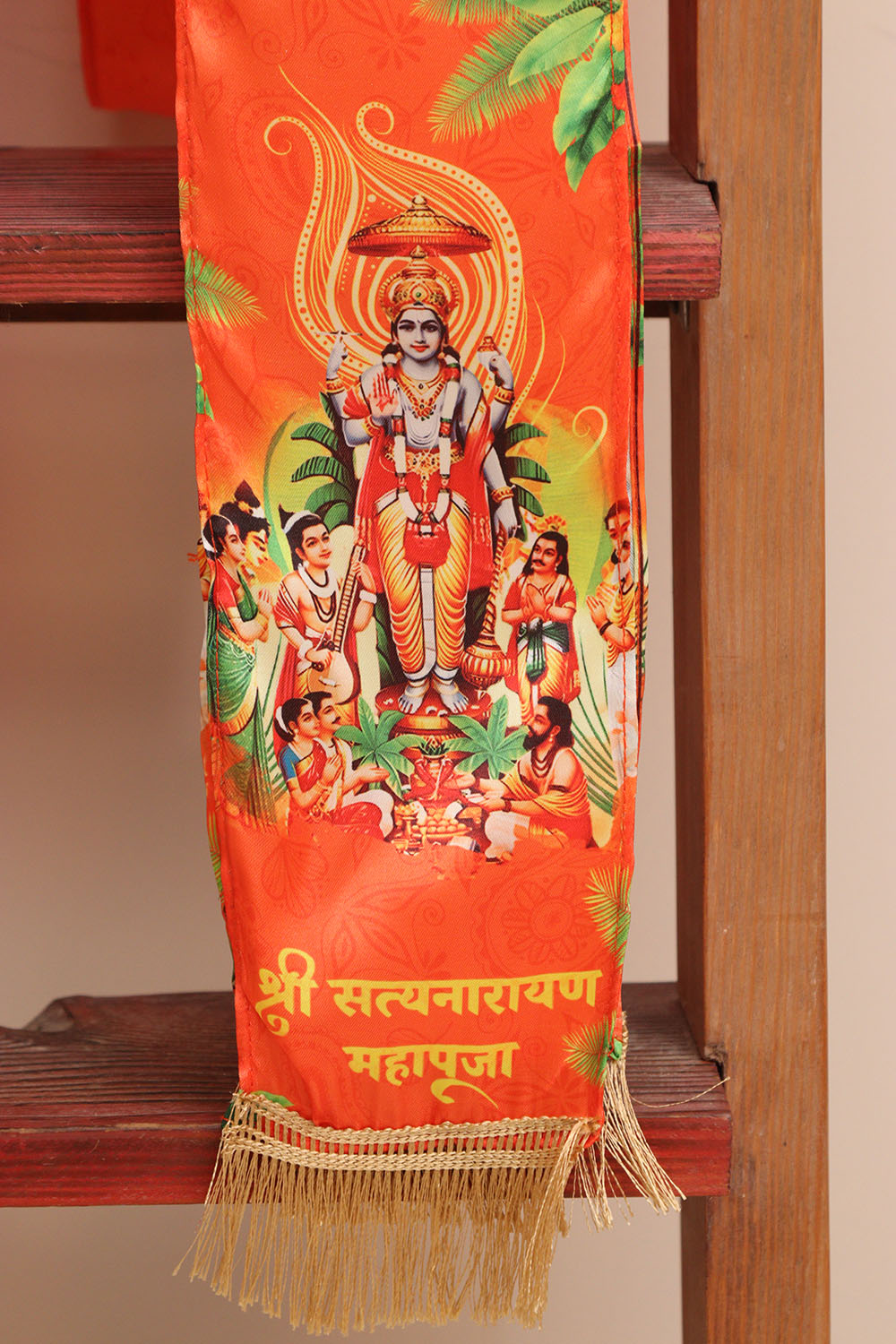 LUXURION WORLD Blessings Stole/Patka – Satyanarayan Pooja Stoles || Satin Silk Cloth Print Unisex God Printed Scarf for Spiritual Wear ( With Handcrafted Lace ) - Luxurion World
