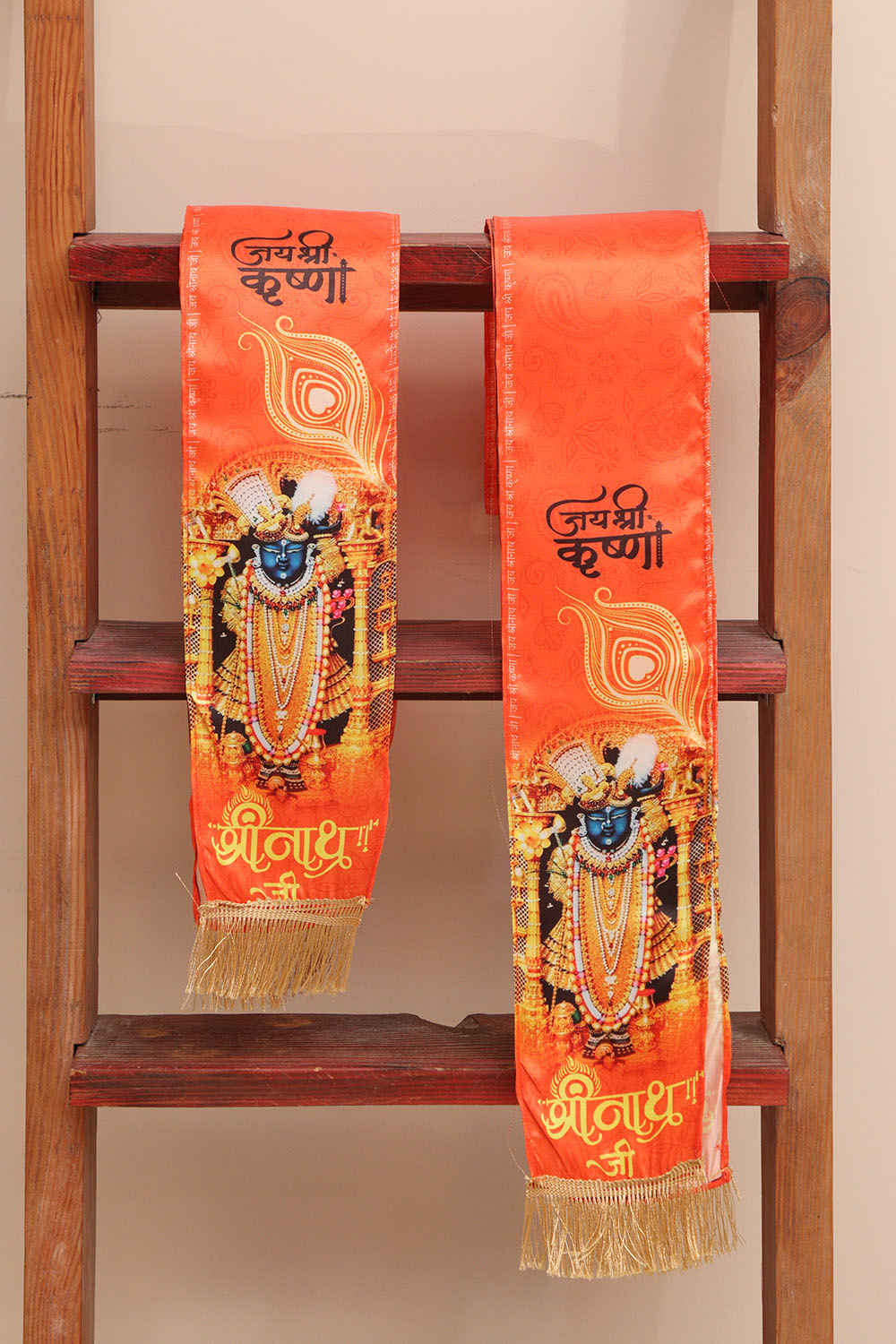 LUXURION WORLD Blessings Stole/Patka – Shreenath ji Stoles || Satin Silk Cloth Print Unisex God Printed Scarf for Spiritual Wear ( With Handcrafted Lace ) - Luxurion World