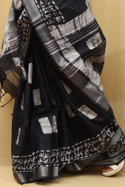 Elegant Dark Blue Linen Saree: Bhagalpur Beauty - Luxurion World
