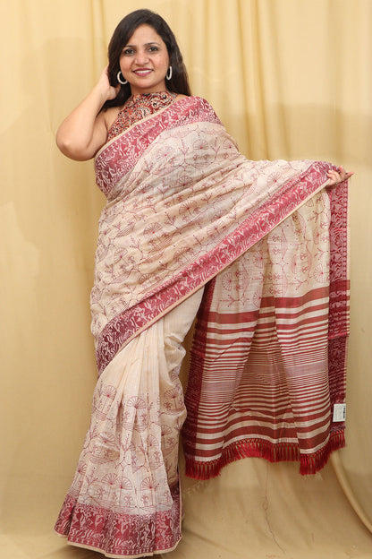 Pastel Embroidered Tussar Silk Saree - Elegant and Timeless