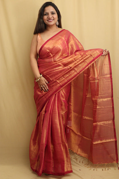 Exquisite Pink Bengal Tissue Cotton Saree