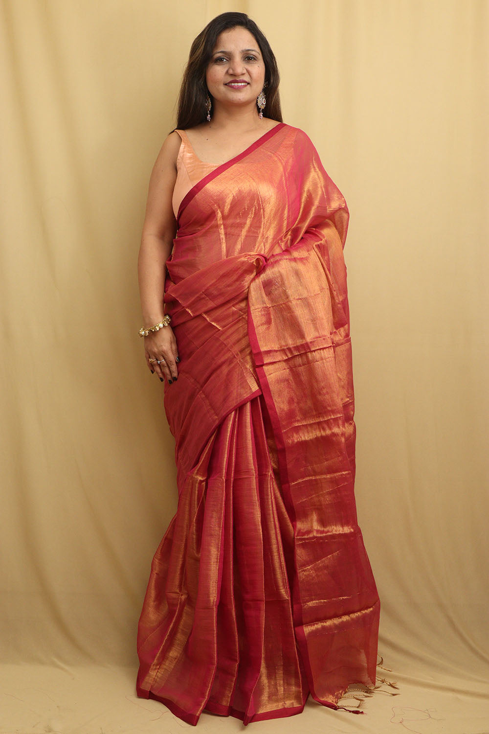 Exquisite Pink Bengal Tissue Cotton Saree