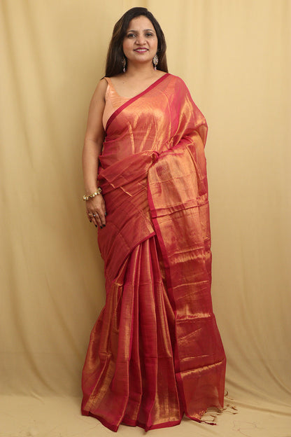 Exquisite Pink Bengal Tissue Cotton Saree