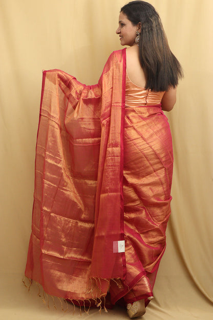 Exquisite Pink Bengal Tissue Cotton Saree