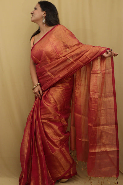 Exquisite Pink Bengal Tissue Cotton Saree