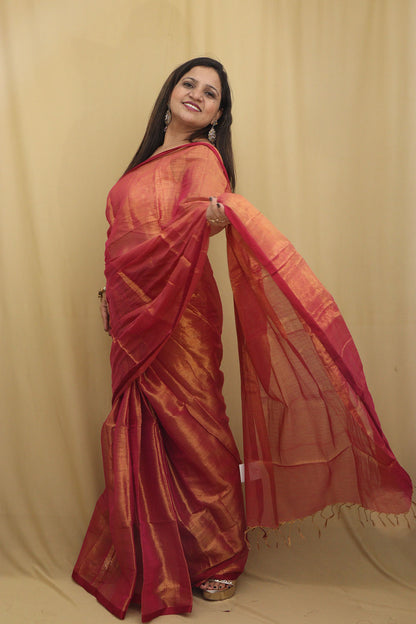 Exquisite Pink Bengal Tissue Cotton Saree