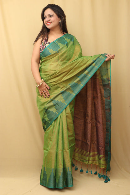 Ethnic Green Bengal Tissue Cotton Saree: Temple Border