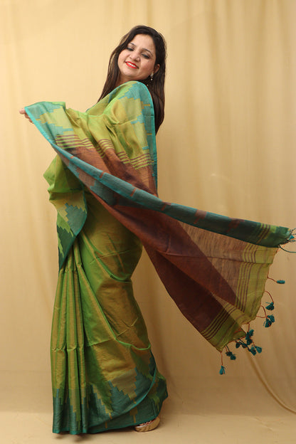 Ethnic Green Bengal Tissue Cotton Saree: Temple Border