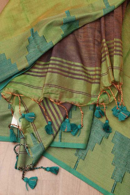 Ethnic Green Bengal Tissue Cotton Saree: Temple Border