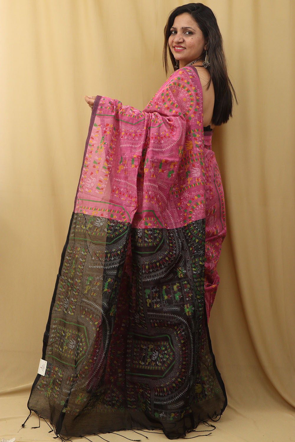 Vibrant Pink Madhubani Cotton Silk Saree