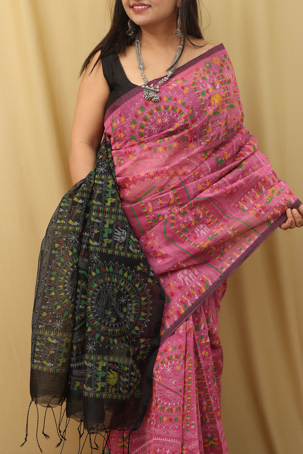 Vibrant Pink Madhubani Cotton Silk Saree