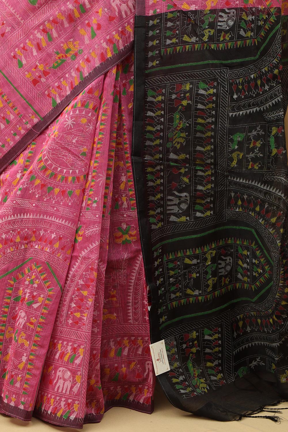 Vibrant Pink Madhubani Cotton Silk Saree