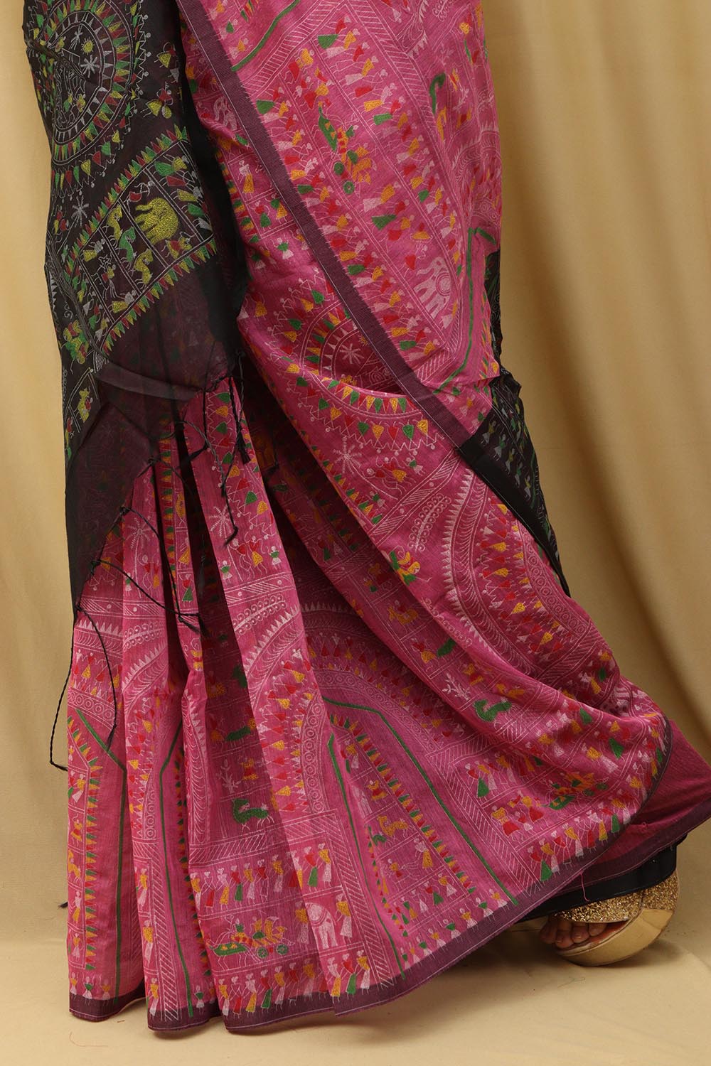 Vibrant Pink Madhubani Cotton Silk Saree