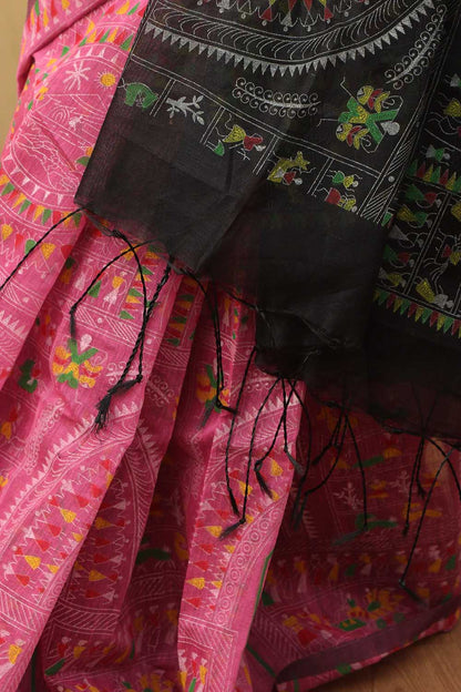 Vibrant Pink Madhubani Cotton Silk Saree