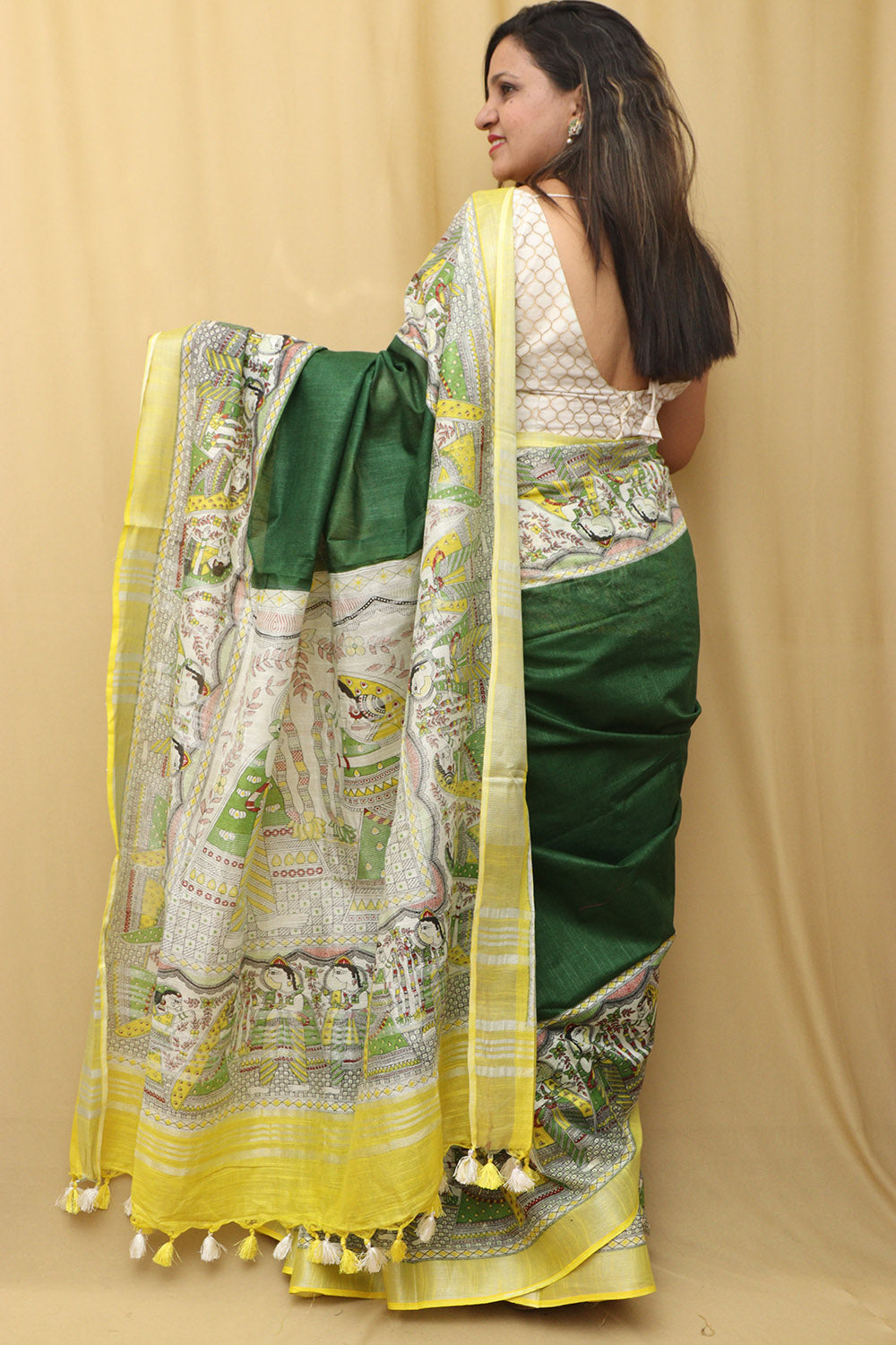 Green Madhubani Cotton Silk Saree - Digital Print - Luxurion World
