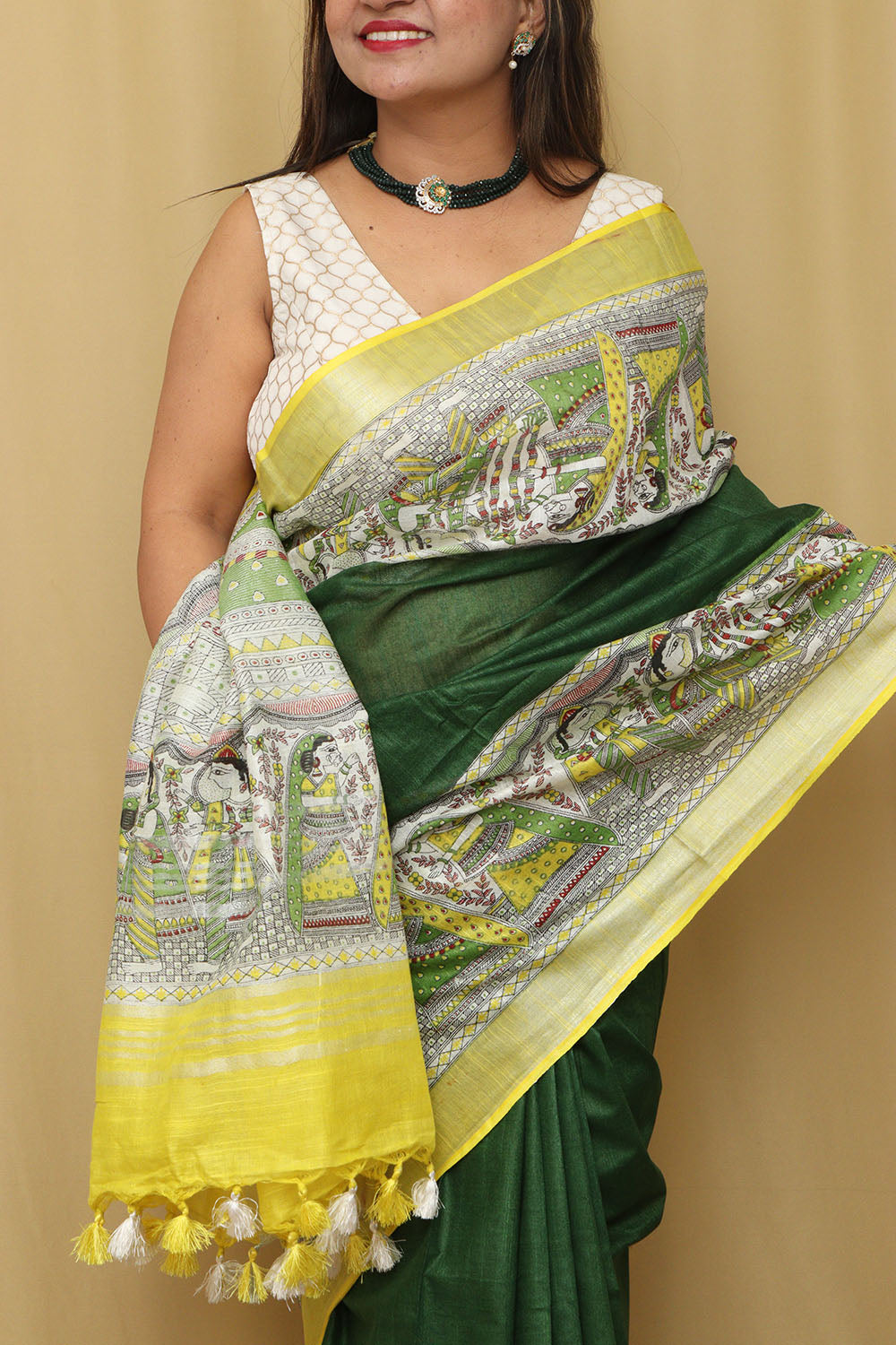 Green Madhubani Cotton Silk Saree - Digital Print - Luxurion World