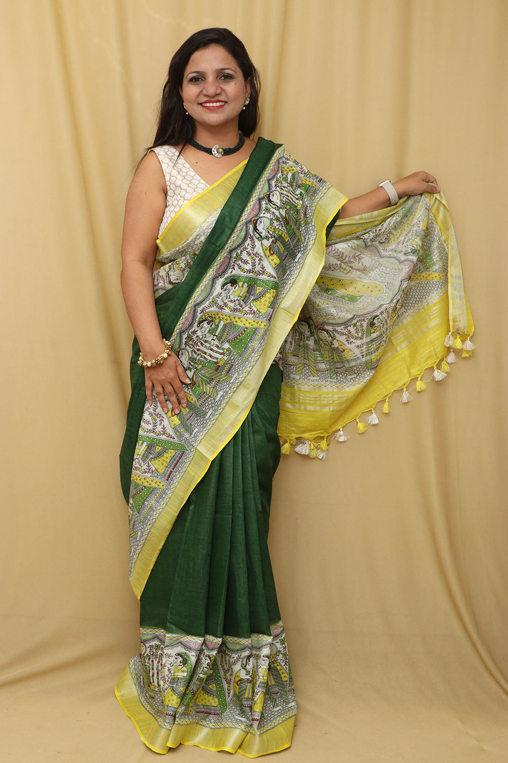 Green Madhubani Cotton Silk Saree - Digital Print - Luxurion World