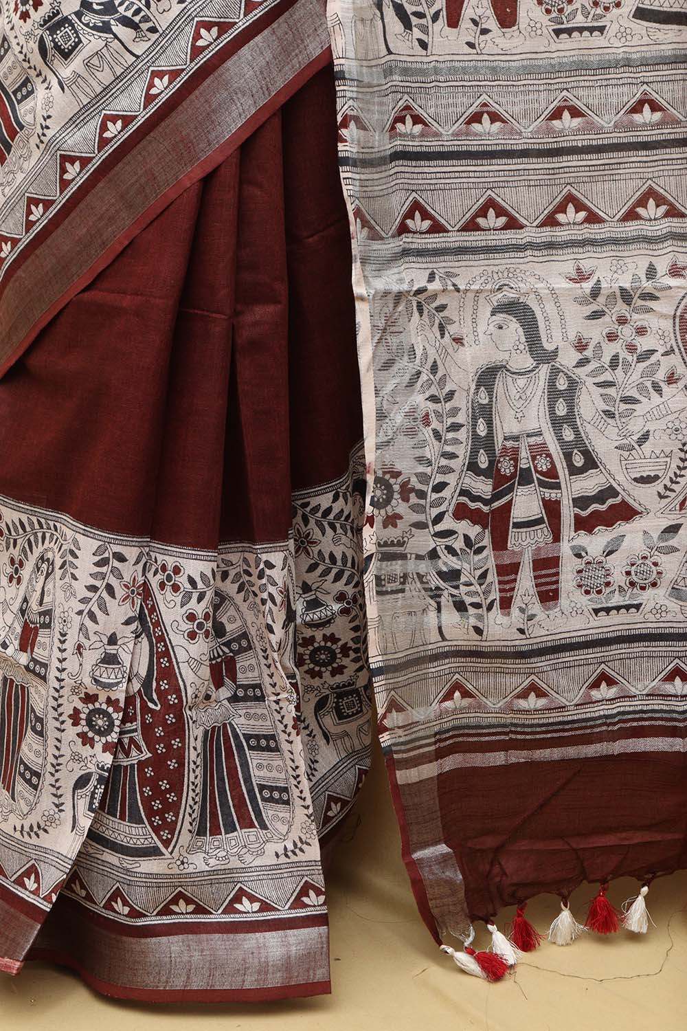 Brown Madhubani Digital Printed Cotton Silk Saree - Luxurion World