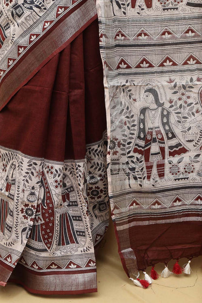 Brown Madhubani Digital Printed Cotton Silk Saree - Luxurion World