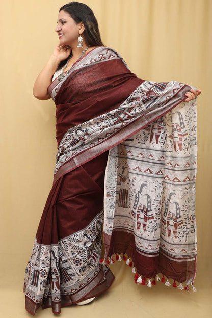 Brown Madhubani Digital Printed Cotton Silk Saree - Luxurion World