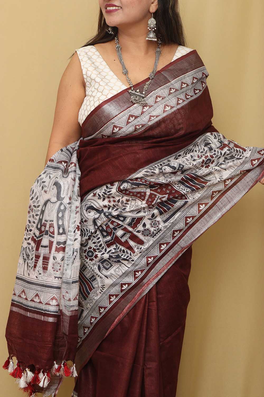 Brown Madhubani Digital Printed Cotton Silk Saree - Luxurion World