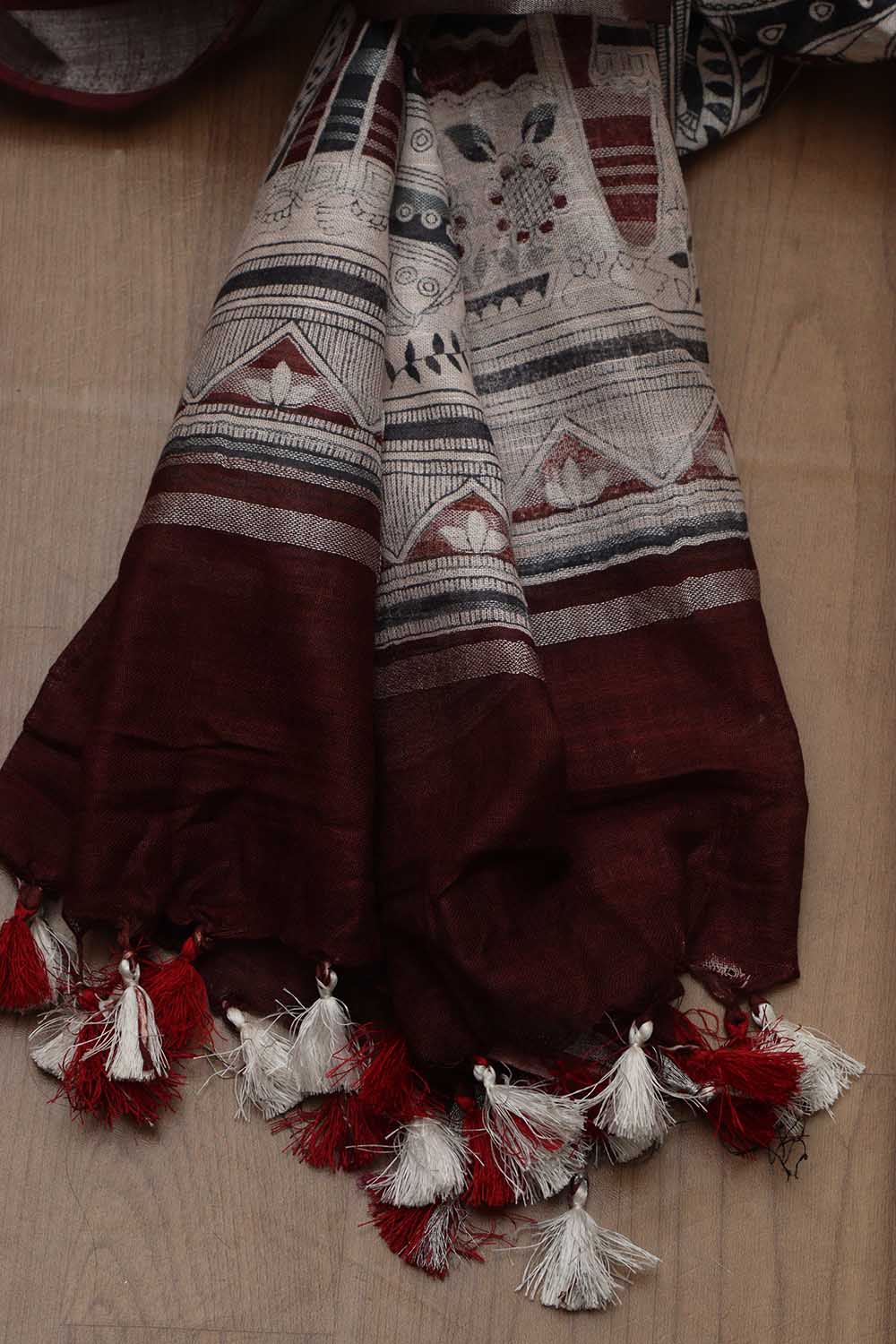 Brown Madhubani Digital Printed Cotton Silk Saree - Luxurion World