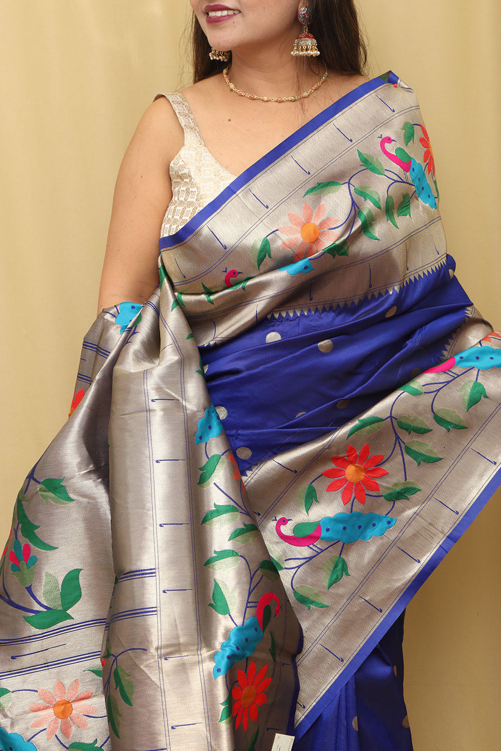Blue Paithani Silk Parrot & Flower Saree - Luxurion World