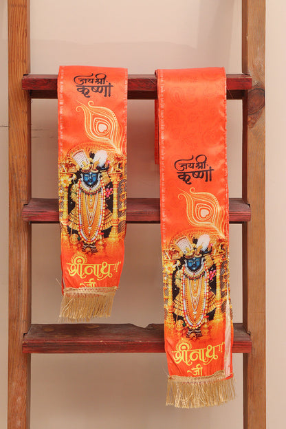 LUXURION WORLD Blessings Stole/Patka – Shreenath ji Stoles || Satin Silk Cloth Print Unisex God Printed Scarf for Spiritual Wear ( With Handcrafted Lace ) - Luxurion World
