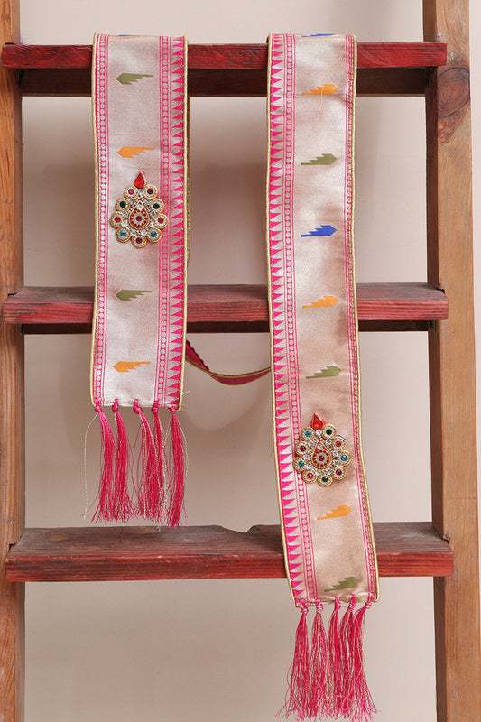 Divya India Customized Royal Swagat Stole/Dupatta – Elegant and Luxurious Pink Pathani Silk Muniya Border Stole With a Beautifully Matching Tassel & Brooch for Welcoming Guests at Weddings, Anniversaries or Grand Celebratory Occasions