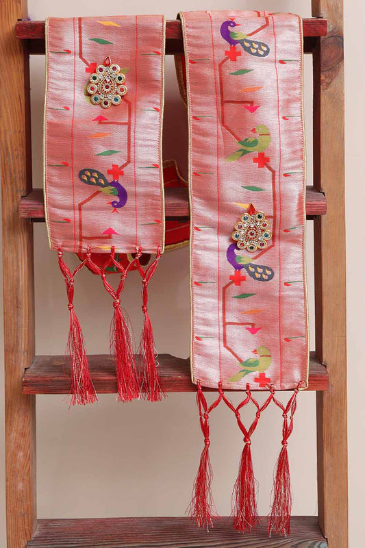 Divya India Customized Royal Swagat Stole/Dupatta – Elegant and Luxurious Red Pathani Silk with Peacock & Parrot Stole With a Beautifully Matching Tassel & Brooch for Welcoming Guests at Weddings, Anniversaries or Grand Celebratory Occasions
