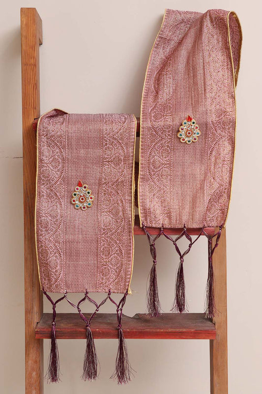 Divya India Customized Swagat Stole/Dupatta – Pink Banarasi Antique Zari Cotton Stole With a Beautifully Matching Tassel & Brooch for Welcoming Guests at Weddings, Anniversaries or Grand Celebratory Occasions