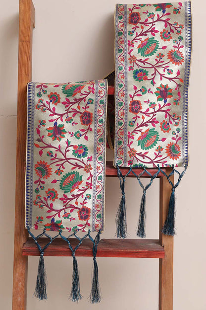 Divya India Customized Royal Swagat Stole/Dupatta – Elegant and Luxurious Blue Pathani Silk Flower Design Stole With a Beautifully Matching Tassel & Brooch for Welcoming Guests at Weddings, Anniversaries or Grand Celebratory Occasions
