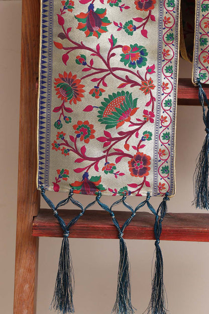 Divya India Customized Royal Swagat Stole/Dupatta – Elegant and Luxurious Blue Pathani Silk Flower Design Stole With a Beautifully Matching Tassel & Brooch for Welcoming Guests at Weddings, Anniversaries or Grand Celebratory Occasions