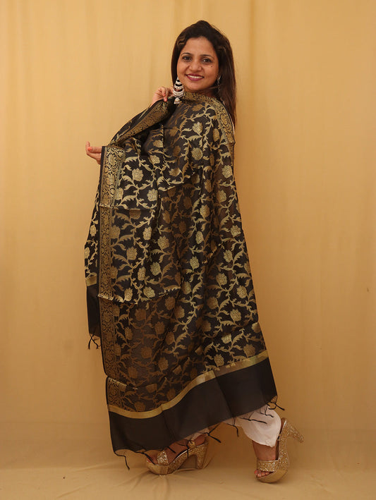Black Banarasi Silk Dupatta - divyaindia 