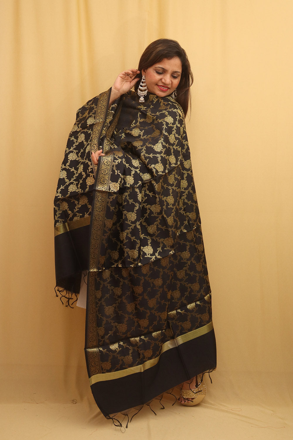 Black Banarasi Silk Dupatta - divyaindia 