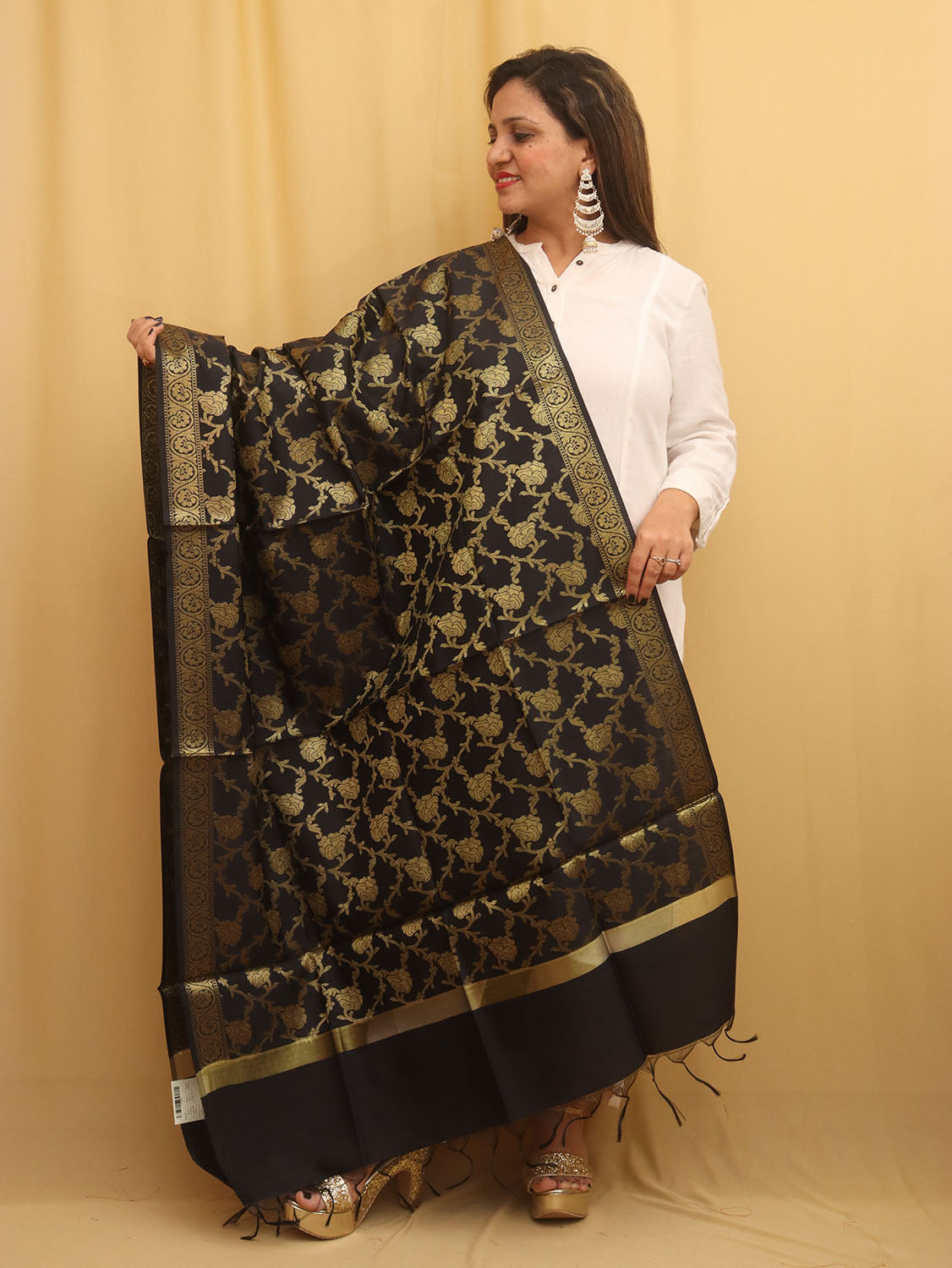 Black Banarasi Silk Dupatta - divyaindia 