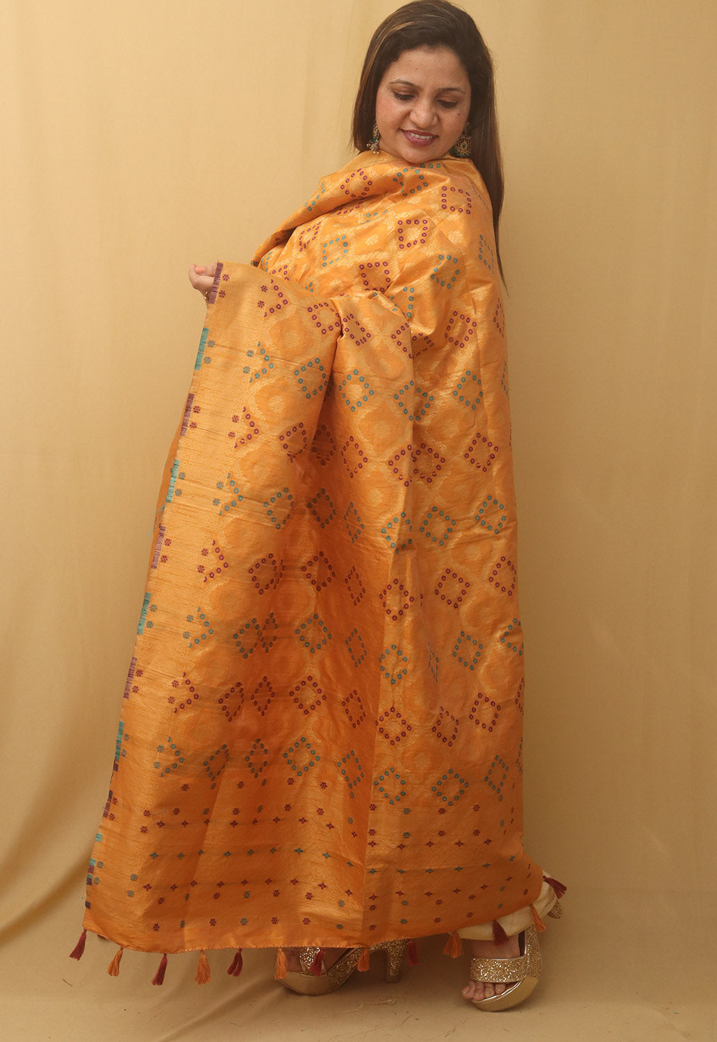 Yellow Banarasi Silk Bandhani Design Dupatta - divyaindia 