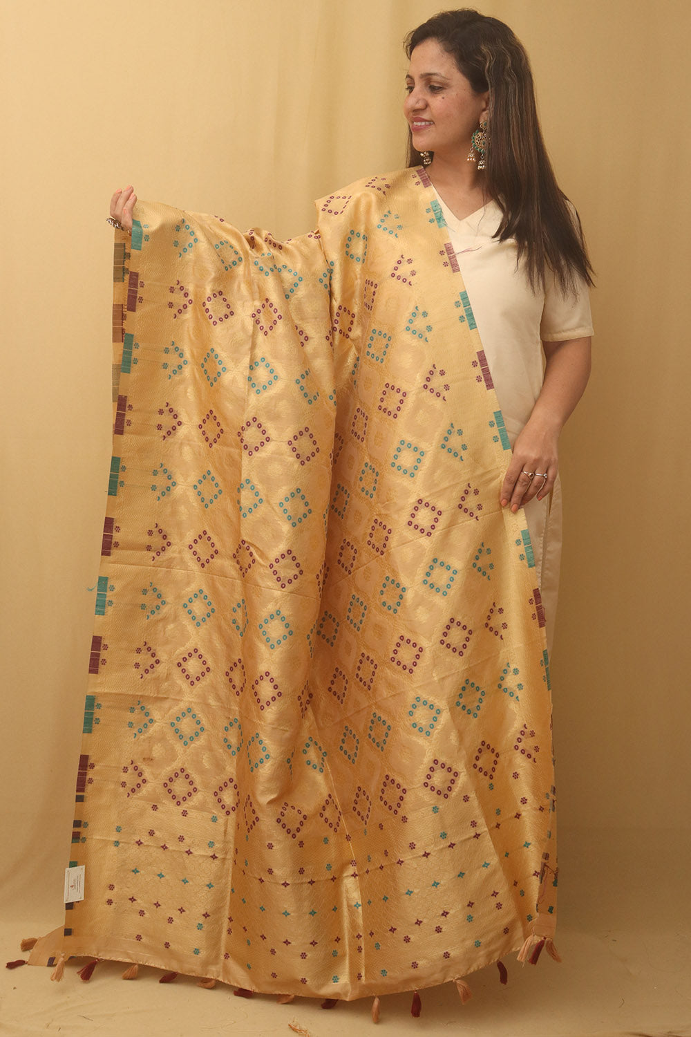 Pastel Banarasi Silk Bandhani Design Dupatta - divyaindia 