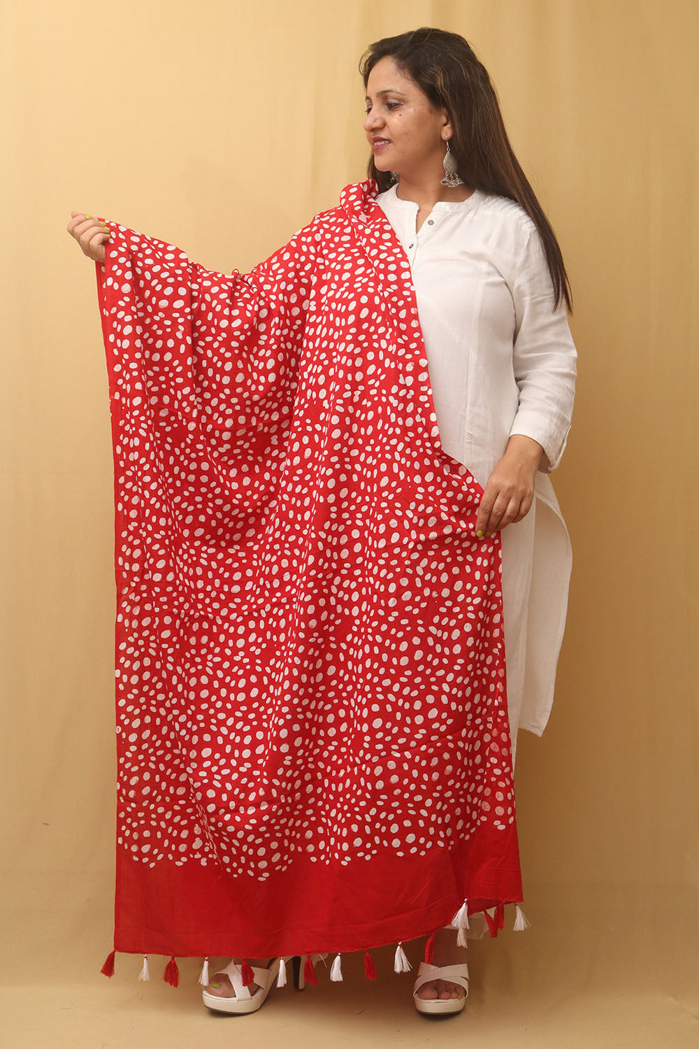 Red And White Batik Printed Cotton Dupatta