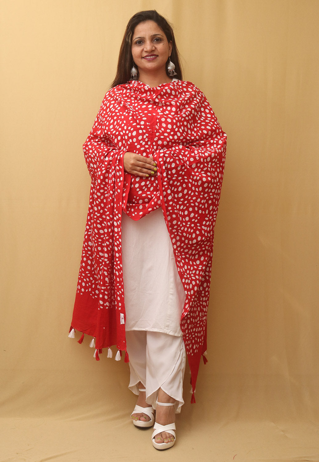 Red And White Batik Printed Cotton Dupatta