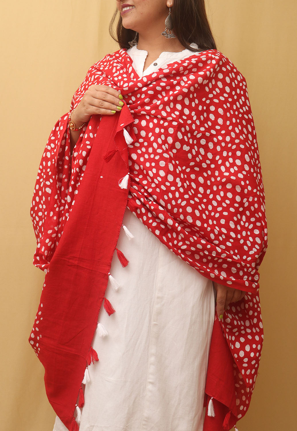 Red And White Batik Printed Cotton Dupatta