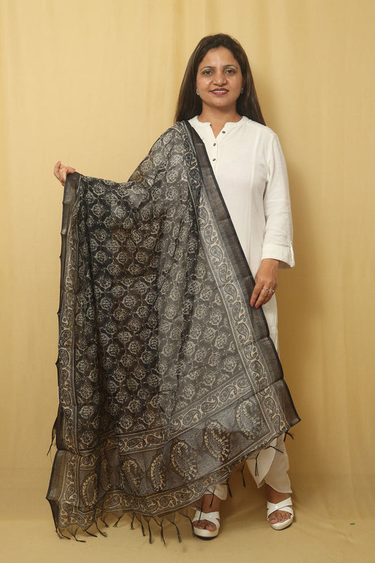 Chic Block Print Black Chanderi Silk Dupatta for Fashionable Look - divyaindia 