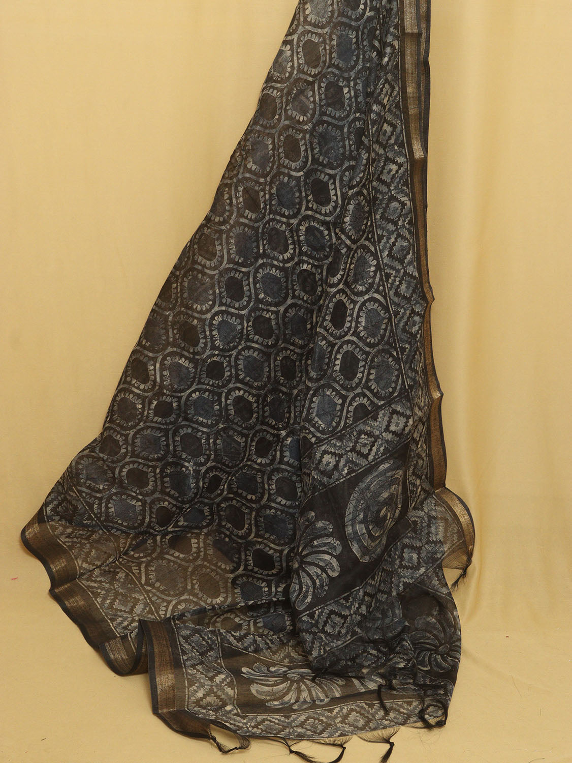 Stylish Black Chanderi Silk Dupatta with Block Print Design