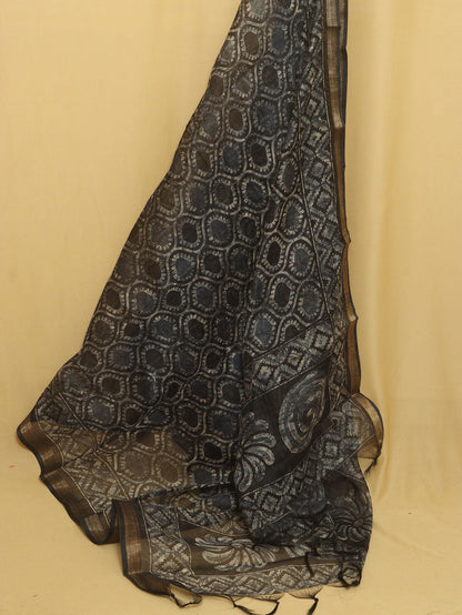 Stylish Black Chanderi Silk Dupatta with Block Print Design