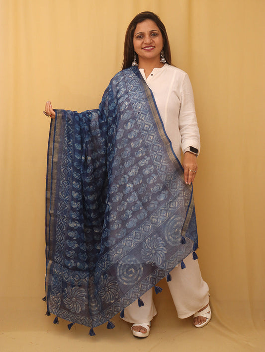 Blue Block Printed Chanderi Silk Dupatta