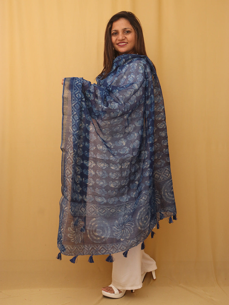 Blue Block Printed Chanderi Silk Dupatta
