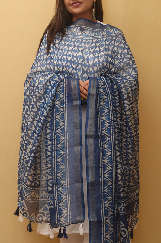 Blue Block Printed Chanderi Silk Dupatta - divyaindia 