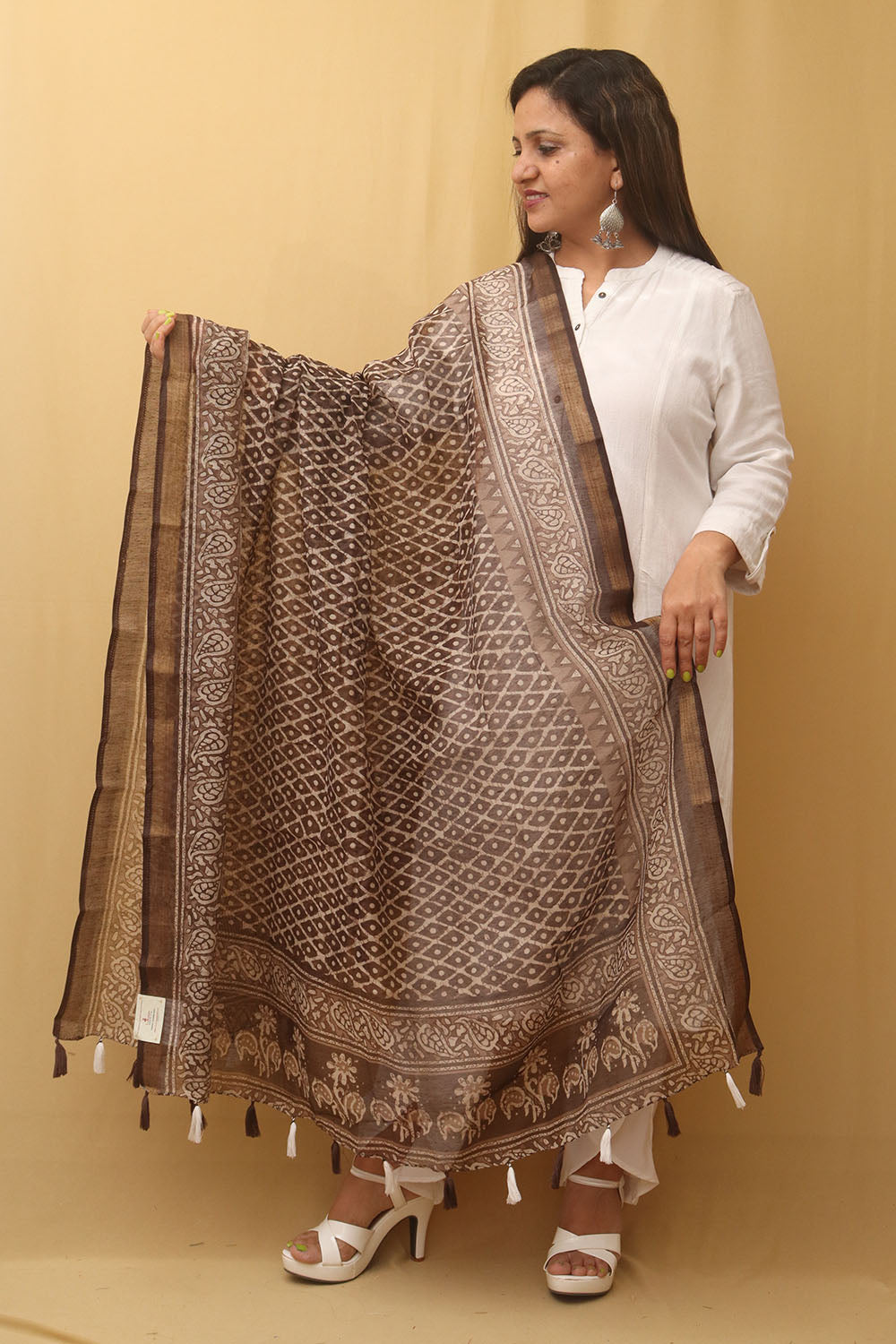 Brown Block Printed Chanderi Silk Dupatta